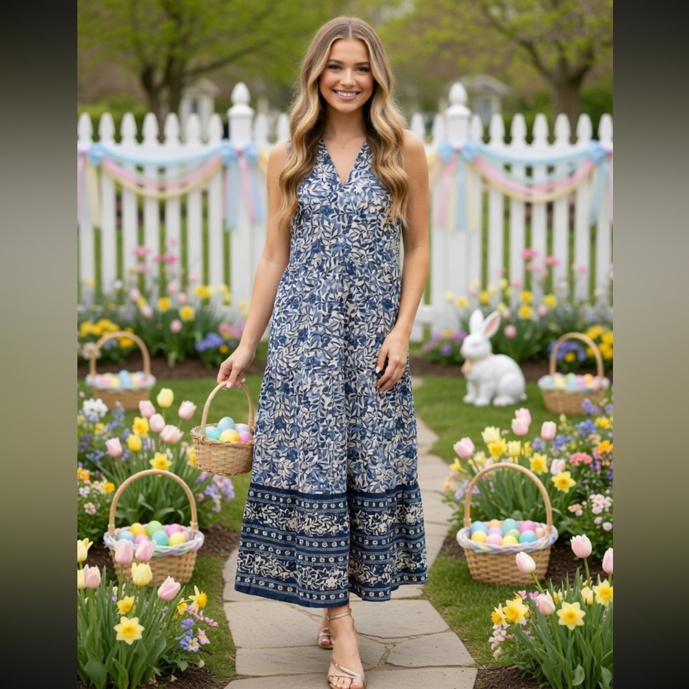 Lucky Brand Blue and White Floral V-Neck Midi Dress